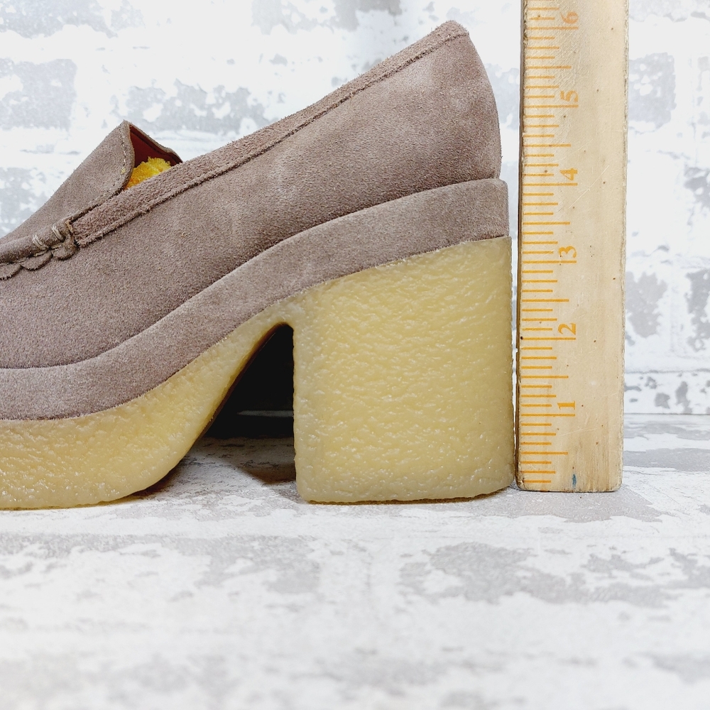 Marc Fisher Taupe Suede Platform Loafers with Yellow Crepe Sole - Picture 2 of 11